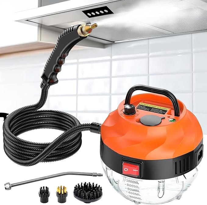 Steam Cleaner, 2500W High Pressure Steam Cleaner for Home, Steamer for Cleaning with 3 Brush Heads, 2 washers and Extended Rod, Handheld Steam Cleaner for Upholstery, Kitchen, Bathroom (Orange)