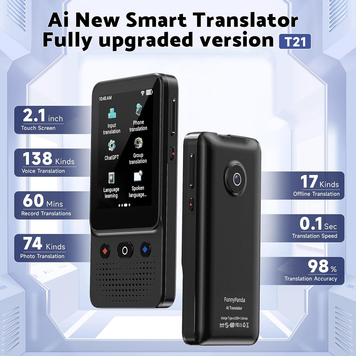 Funny Panda Voice Ai Translator Device T21 Wi-Fi Available, Two-Way 138 Languages 2026