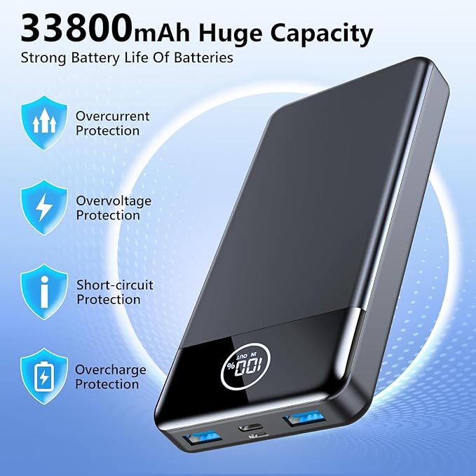 Portable Charger, 33800mAh Power Bank, 22.5W Fast Charging Battery Pack with USB C/USB A Output, Digital Display Portable Phone Charger for iPhone 15/14/13 Pro Samsung Google Android Cell Phone etc