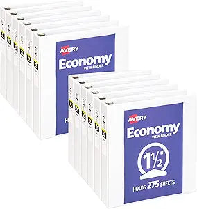 Avery Economy View 3 Ring Binders, 1.5" Round Rings, 12 White Binders (05726)