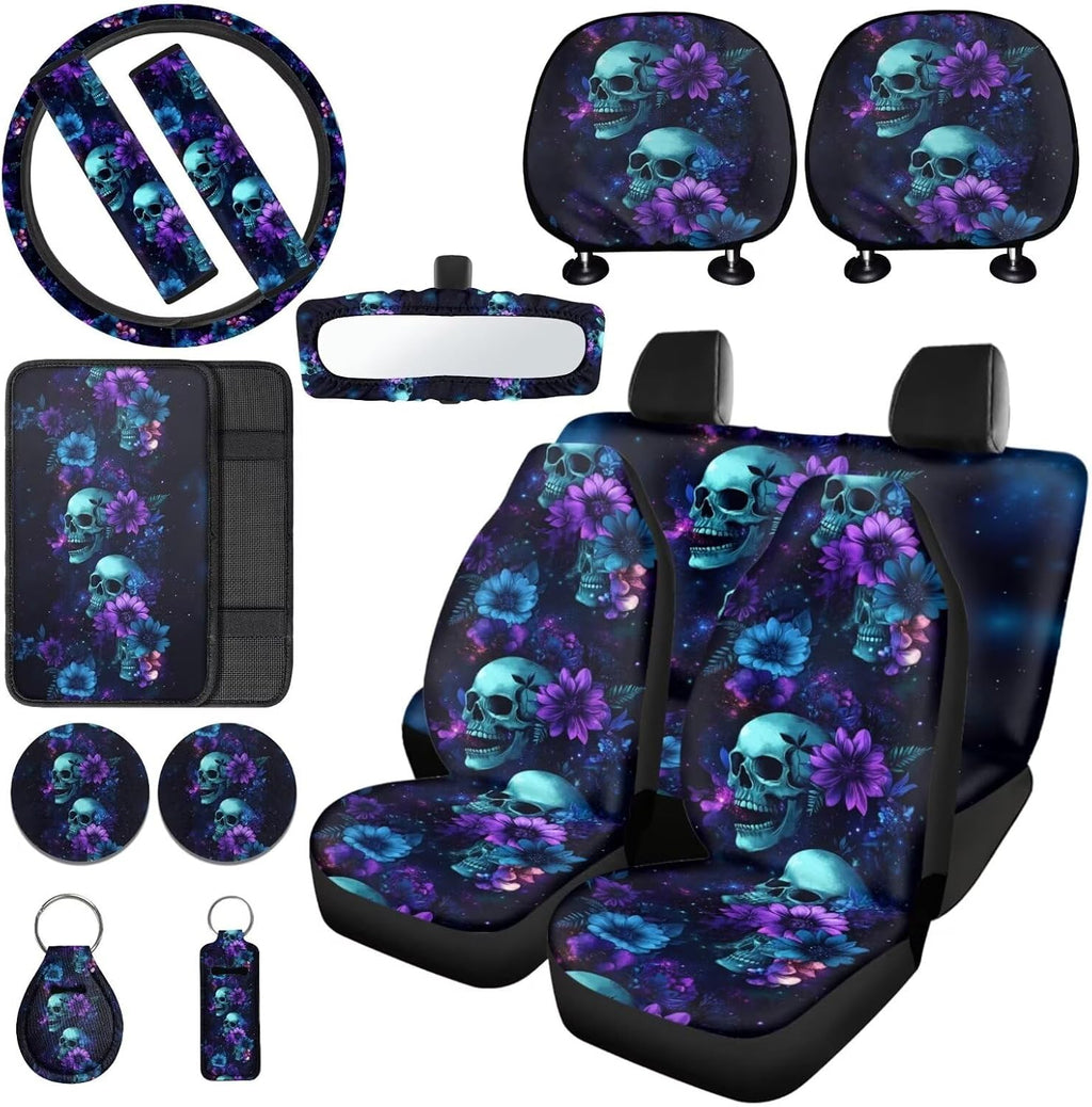 Baxinh Skull Floral Printed 15pc Car Accessories -Purple/Skull Floral