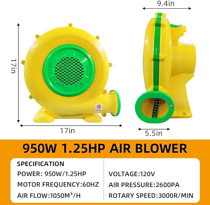 Air Blower, 950W 1.25HP Bounce House Blower, Portable Pump Fan Blower Perfect for Inflatable Bounce House, Bouncy Castle, Jumper, Water Slide, Blower Corded(950 Watt 1.25HP) (Open Box)