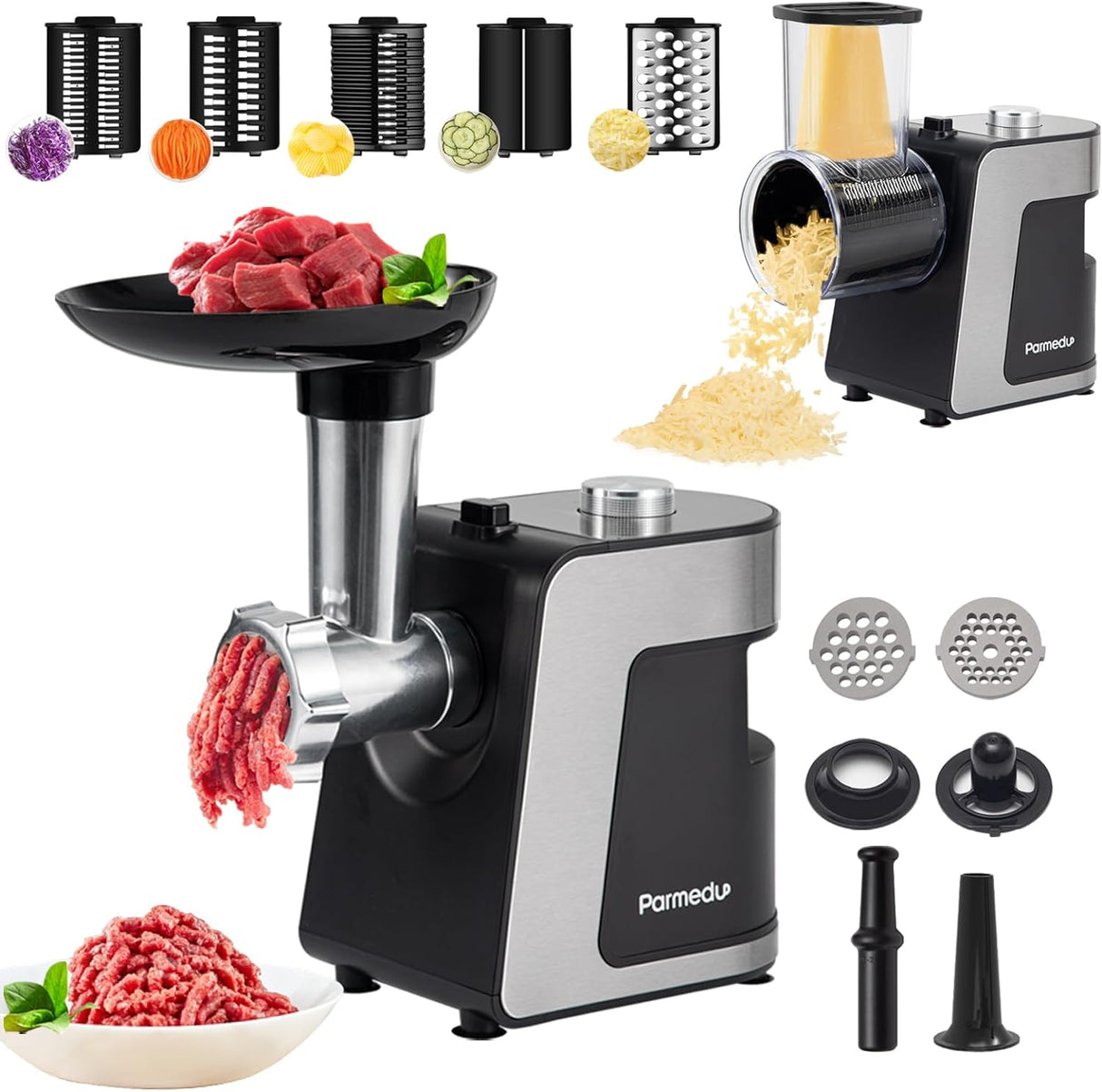 ParmedU Electric Cheese Grater: 2-in-1 Vegetable Cutter Veggie Slicer Vegetable Shredder Chopper Kitchen Grater Salad Maker Meat Mincer Sausage Maker & Kibbeh Kit (Total 12 Attachments) (NEW, OPEN BOX)