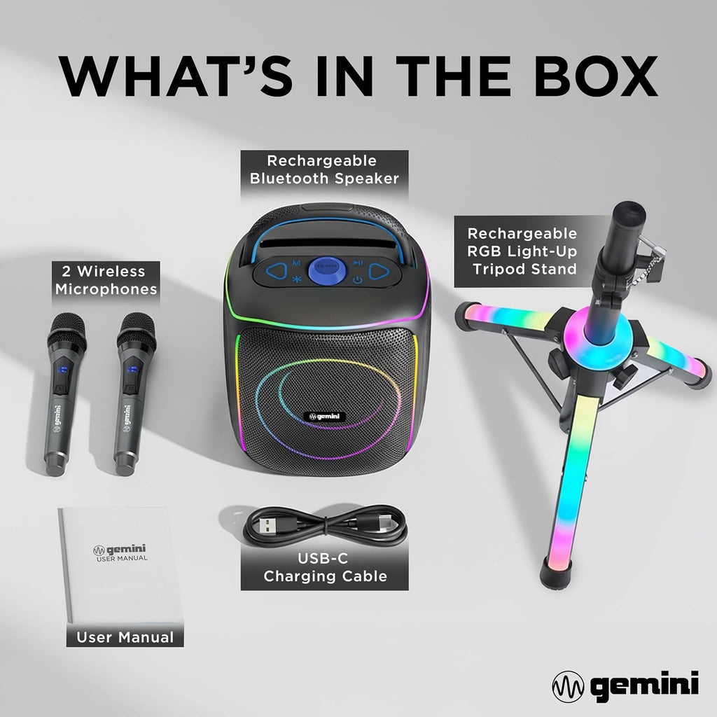GEMINI Wireless Karaoke Speaker System with 2 Mics & RGB LED Tripod Stand - Model GPK-200PK