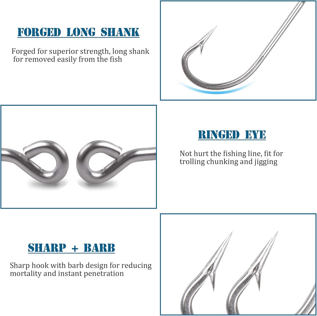 AGOOL Fishing Hooks Saltwater J Hooks Stainless Steel O'Shaughnessy Long Shank Forged Trolling Hook Extra Strong with Fishing Beads for Bass Striper Catfish Snapper