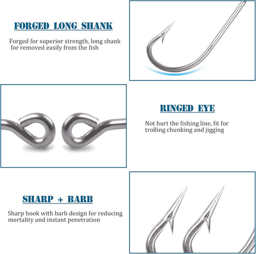 AGOOL Fishing Hooks Saltwater J Hooks Stainless Steel O'Shaughnessy Long Shank Forged Trolling Hook Extra Strong with Fishing Beads for Bass Striper Catfish Snapper