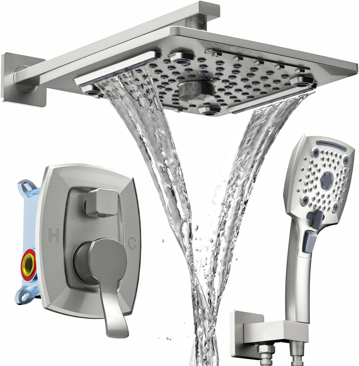 ELLO&ALLO Shower Faucet Set Mixing Valve and Trim Kit Brushed Nickel, Rainfall Waterfall Shower Head with Handheld Combo (NEW, OPEN BOX)