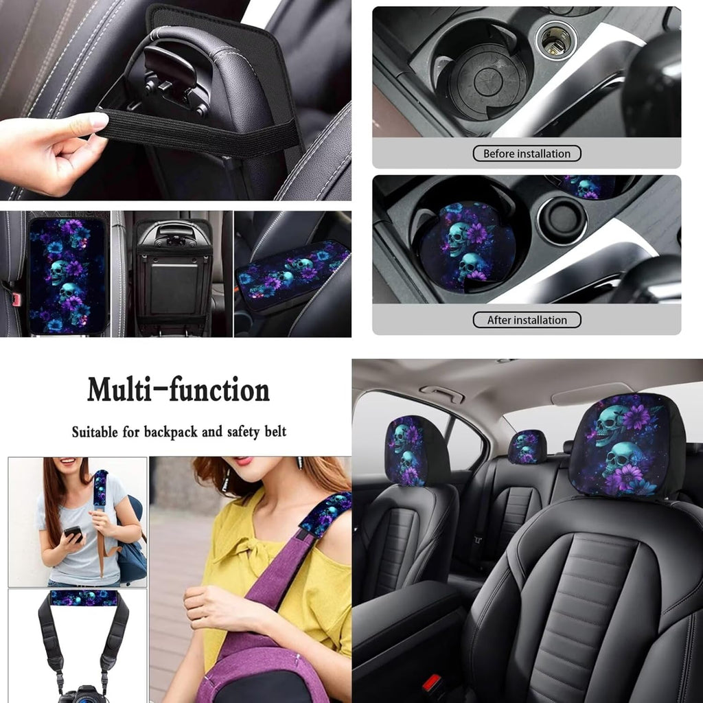 Baxinh Skull Floral Printed 15pc Car Accessories -Purple/Skull Floral