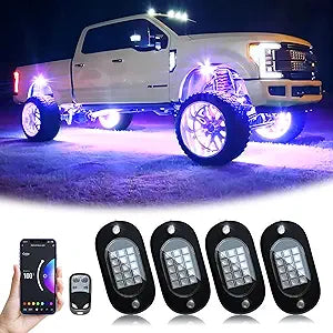 YiLaie RGB LED Rock Lights, 60 LEDs High Brightness Multifunction Neon underglow Kit Waterproof Light with APP/RF Control Multicolor Lights for ATV RZR UTV SUV Off Road Car, DC 12V (4 Pods) (Open Box)