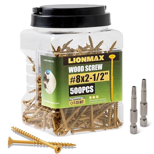 LIONMAX Wood Screws 2-1/2 Inch, Deck Screws #8 x 2-1/2", 500 PCS, Rust Resistant, Epoxy Coated, Exterior Wood Screw, Outdoor Decking Screws, Torx/Star Drive Head, T25 Star Bit Included, Tan