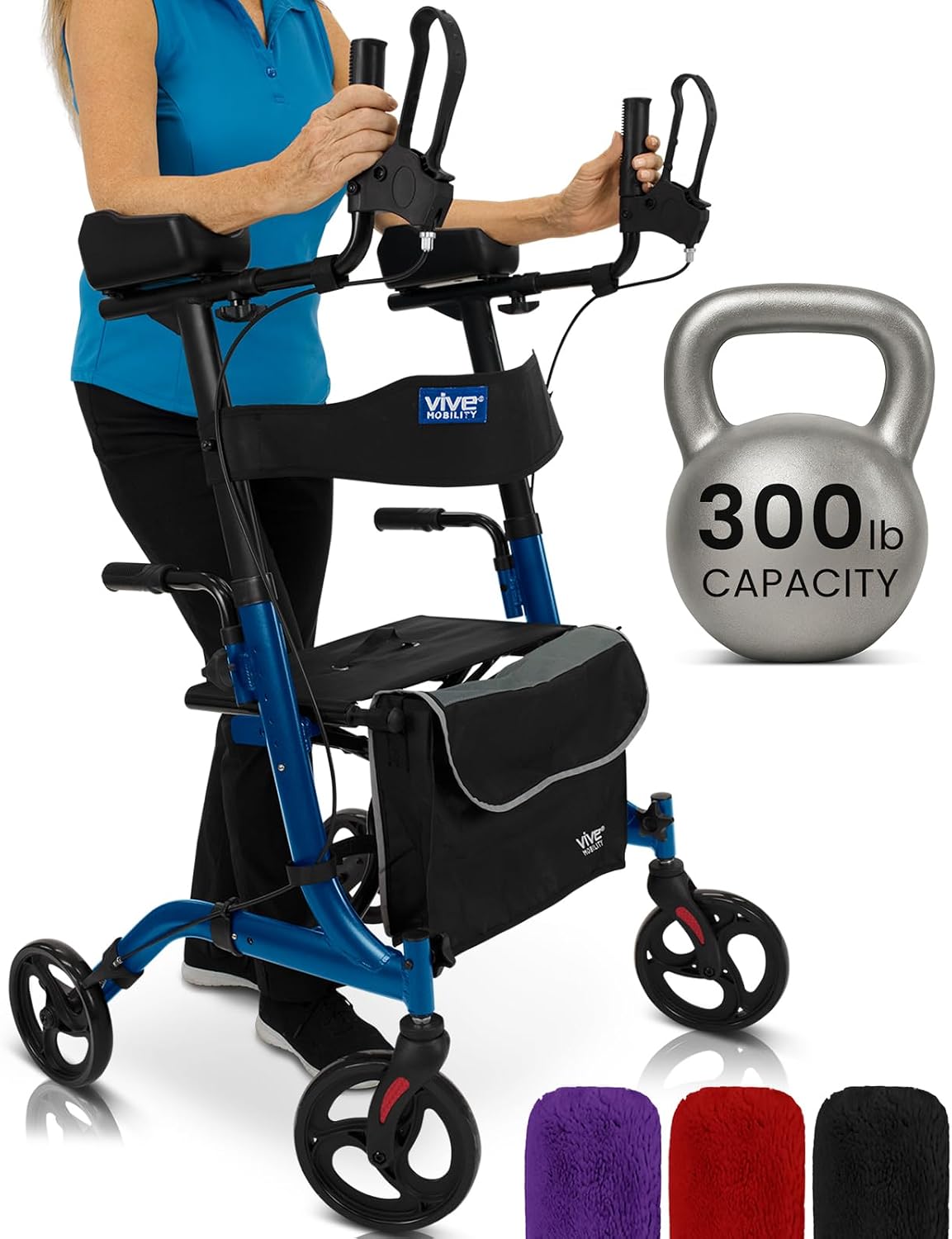 Vive Mobility Upright Walker with Seat - Stand Up Rollator - Blue