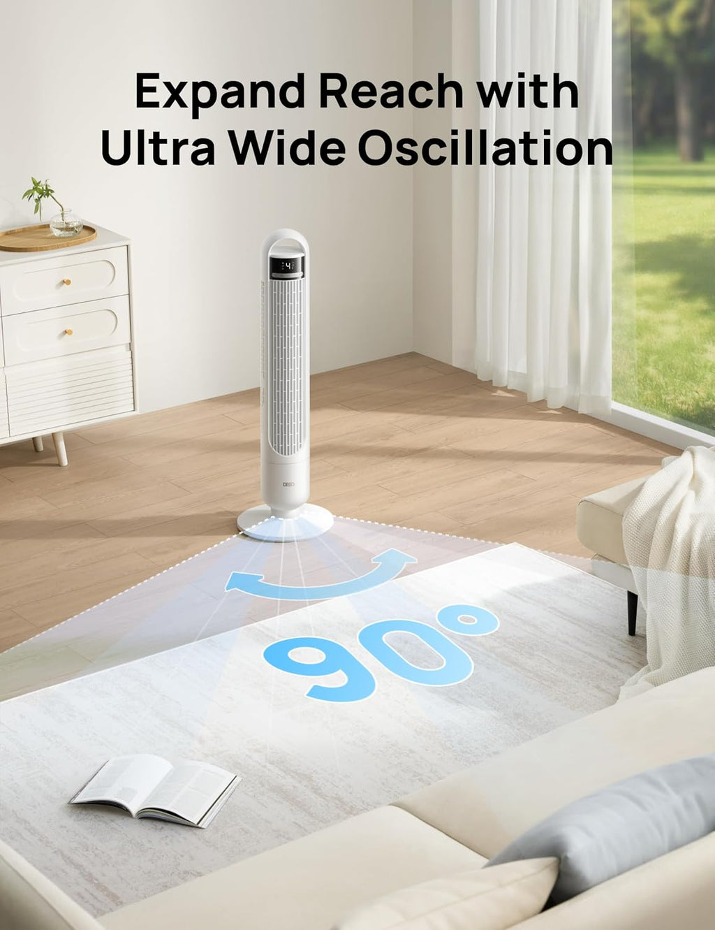 DREO Tower Fan, 4 Speeds, 3 Modes Standing Fans for Room, White