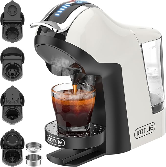 KOTLIE 5in1 19Bar Multicapsule Espresso Coffee Machine, Cold&Hot Brewing Single-Serve Coffee Maker, Cappuccino&Latte Maker for Kcup/Dolce Gusto/Nespresso Original/GroundCoffee/44mm ESE EM-308A (White)(New Open Box)