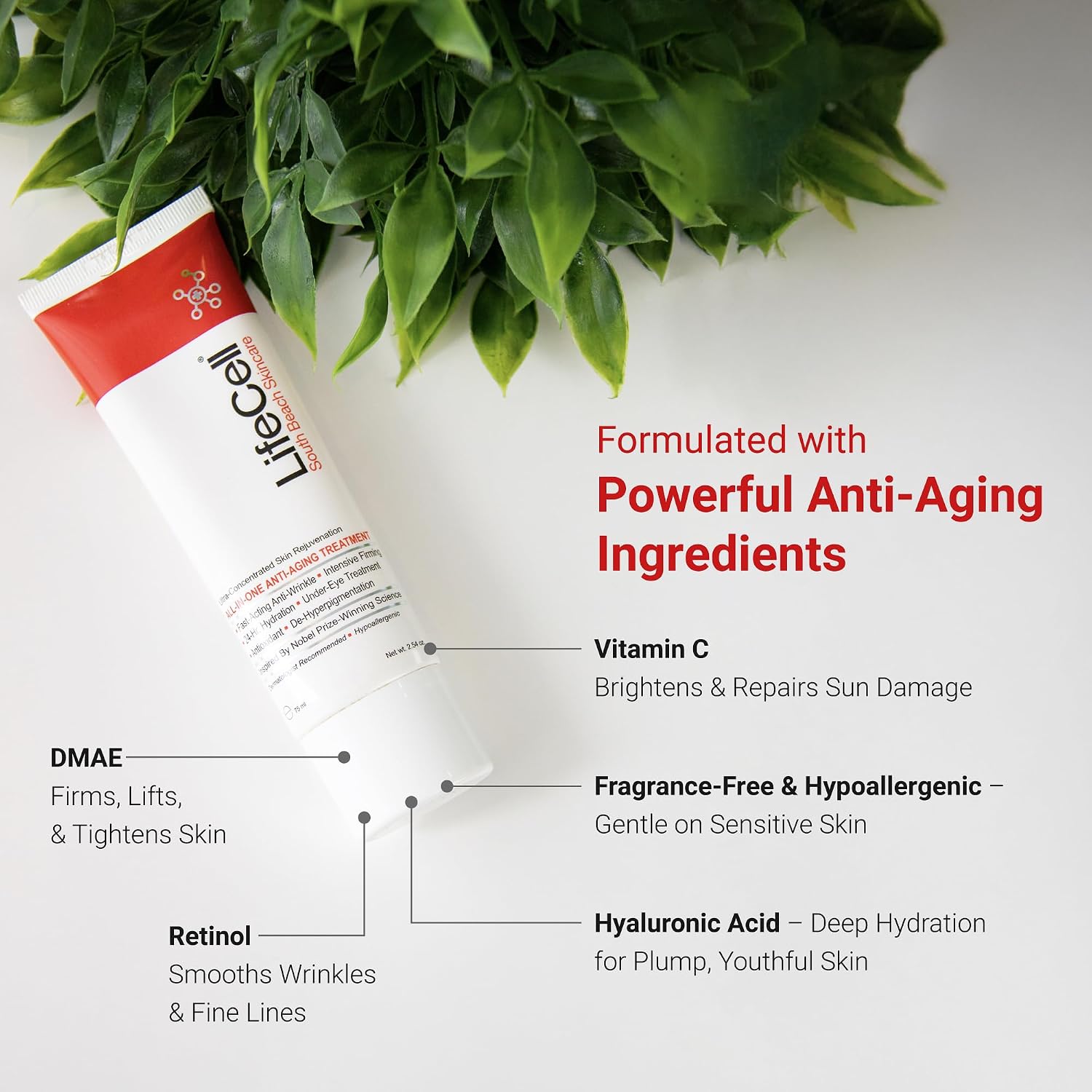 LifeCell Anti-Aging Cream for Wrinkles, Fine Lines & Dark Circles, 2.54oz | All-in-One Formula with Retinol, Vitamin C, DMAE & Hyaluronic Acid – Targets Sun Damage, Fragrance-Free, All Skin Types