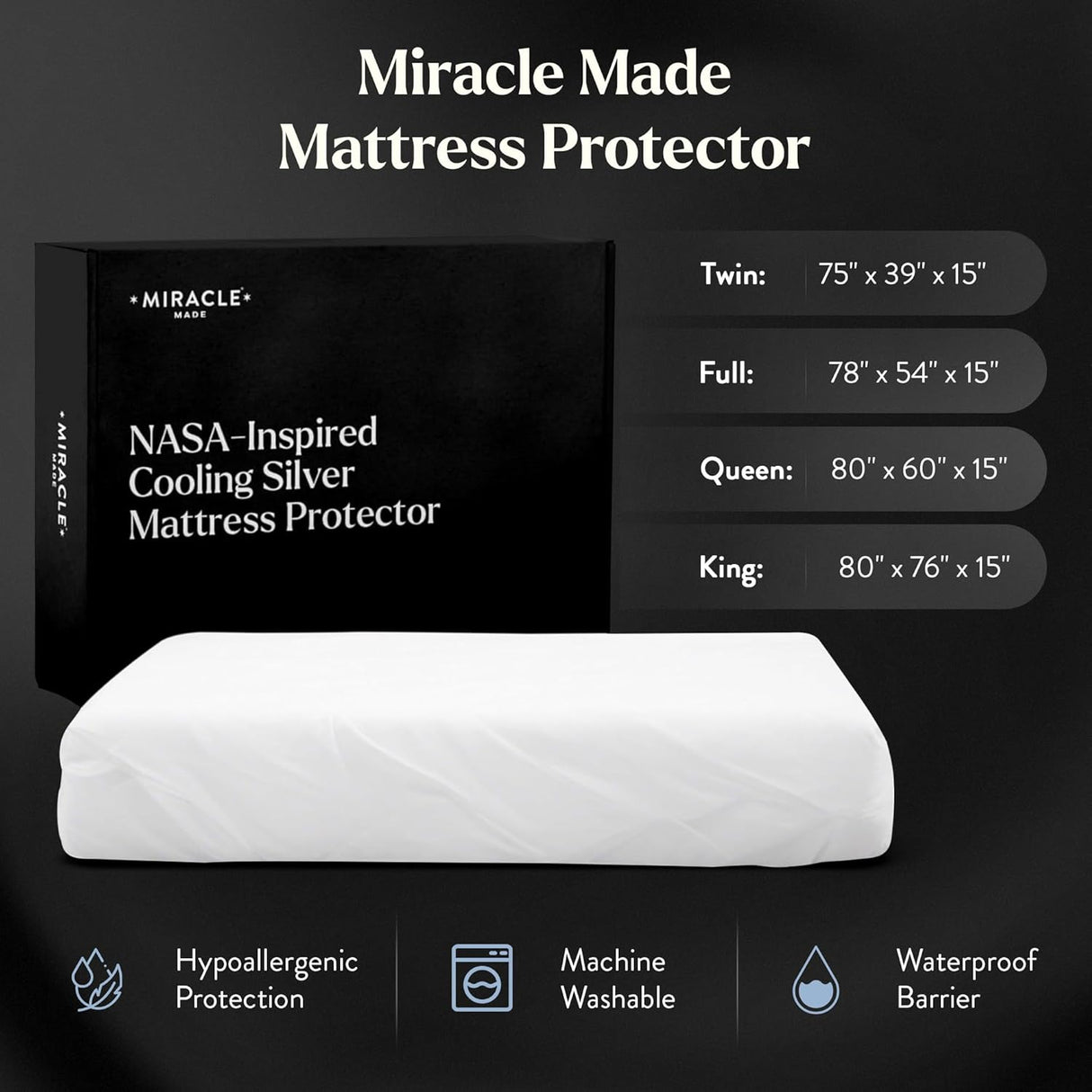 Miracle Made Mattress Protector – Silver-Infused Cotton Fabric – Water-Resistant, Thermoregulating Cover for Sensitive Skin
