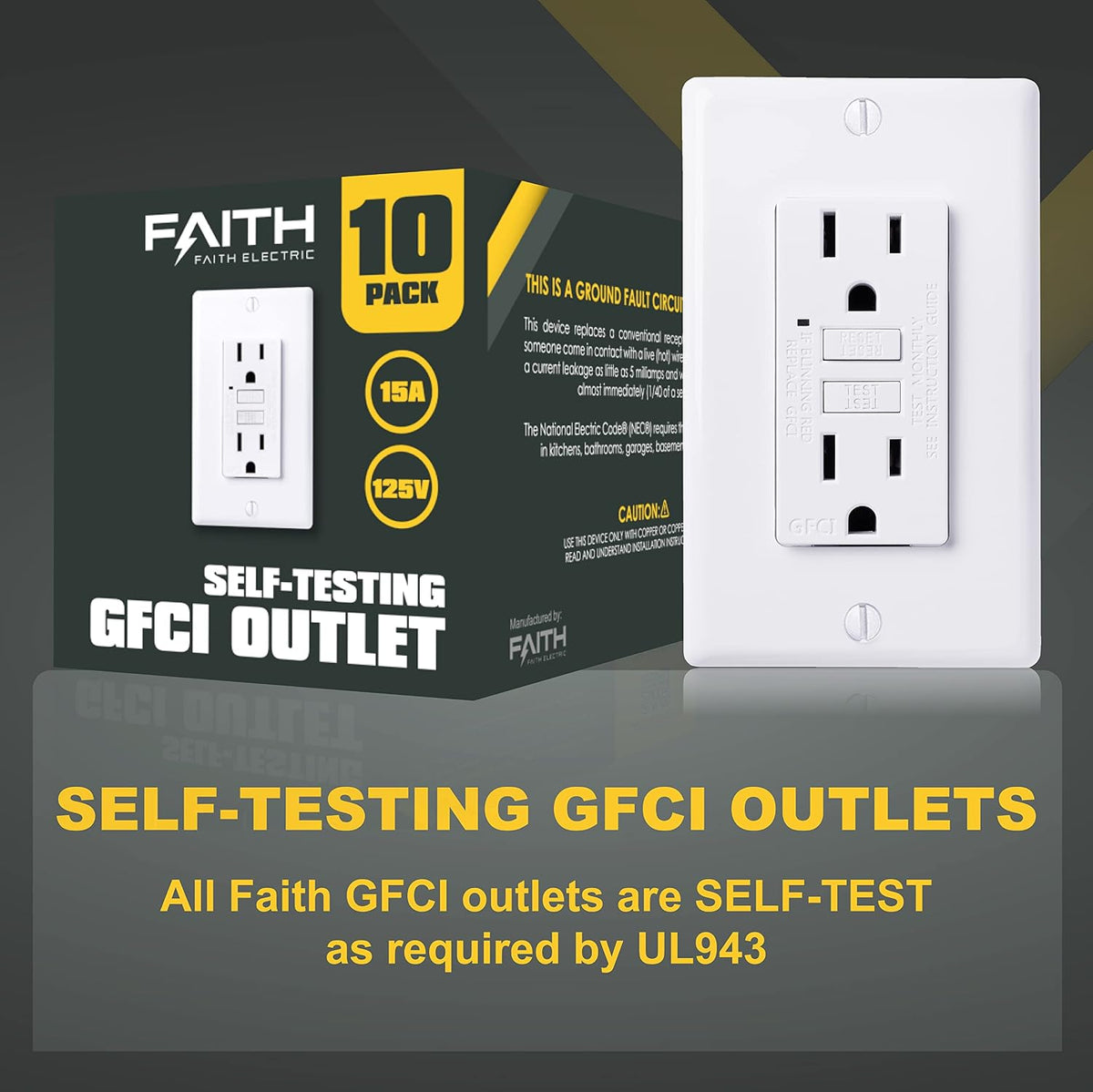 Faith [10-Pack] 15A GFCI Outlets, ETL Listed, Non-Tamper-Resistant GFI Duplex Receptacles with LED Indicator, Self-Test Ground Fault Circuit Interrupter with Wall Plate, White, 10 Piece
