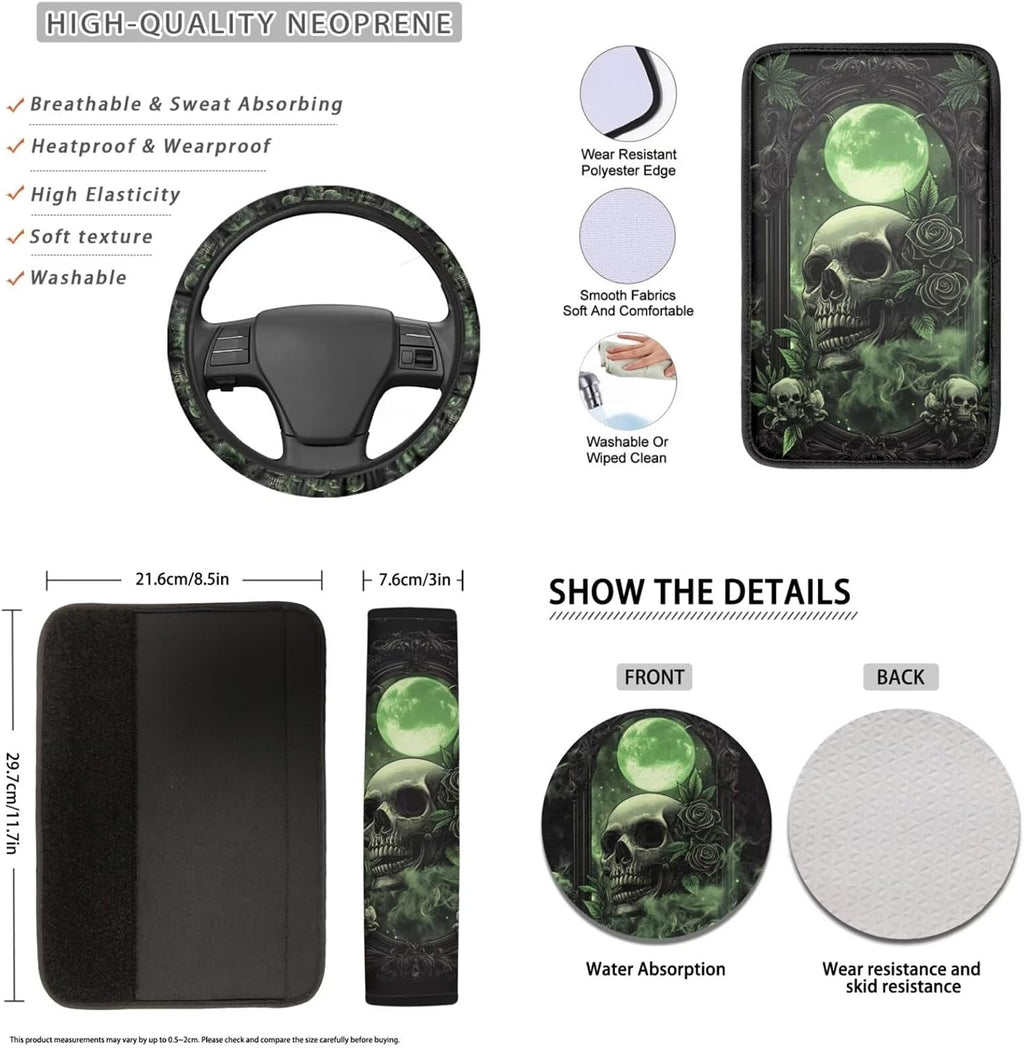 Baxinh Skull Rose Print Car Seat Cover Full Set 16 Pc-Green/Skull Rose