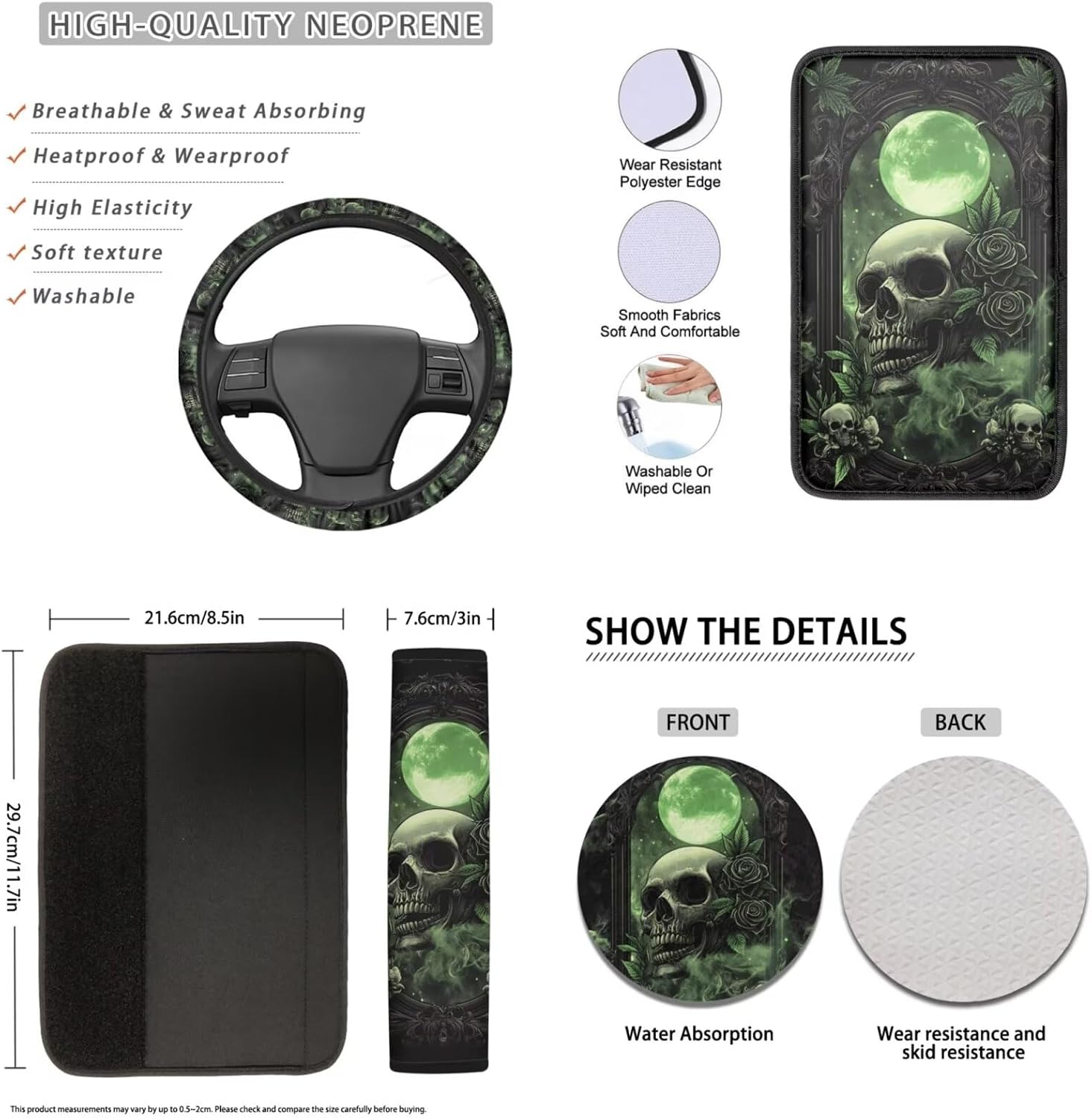 Baxinh Skull Rose Print Car Seat Cover Full Set 16 Pc-Green/Skull Rose