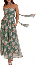 large Summer Maxi Dresses for Women 2026 Strapless Ruched Tube Dress with Scarf Beach Vacation Spring Wedding Guest Dress Pockets
