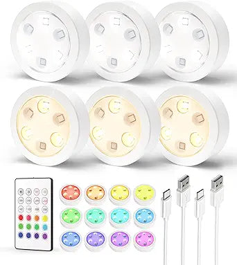 WILLED RGB Rechargeable Puck Lights with Remote Control, Under Cabinet Lighting Wireless, Dimmable Push Lights, Multicolor and Timing Function, LED Puck Lights for Kitchen, Cabinet and Shelf(6 Pack) (New, Open Box)