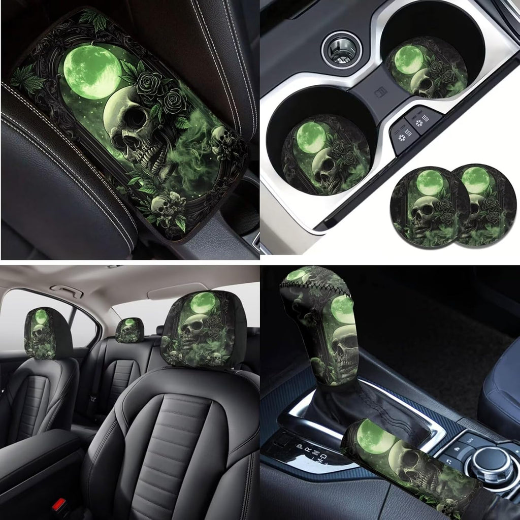 Baxinh Skull Rose Print Car Seat Cover Full Set 16 Pc-Green/Skull Rose