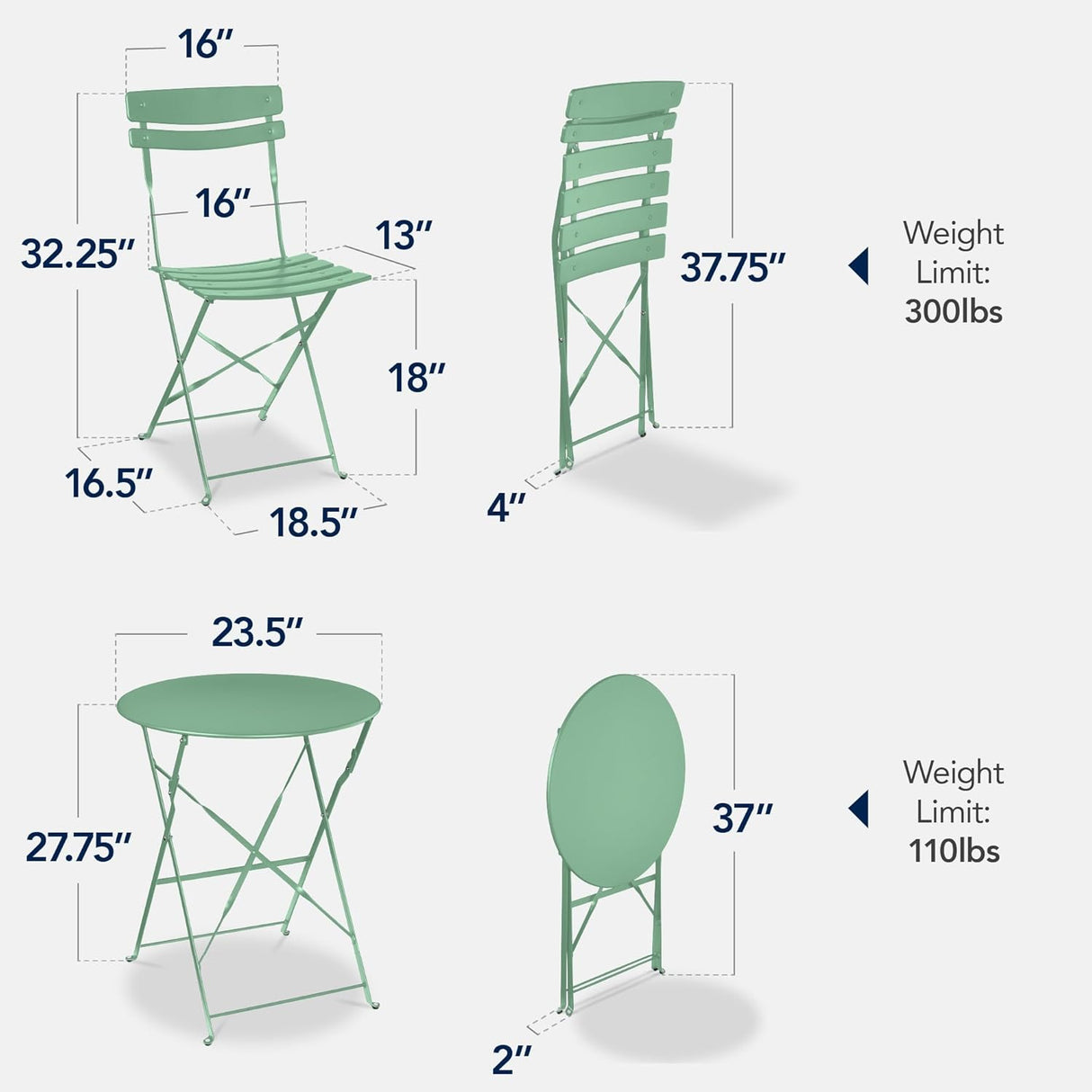 Best Choice Products 3-Piece Folding Patio Bistro Set w/ 2 Chairs - Sage Green