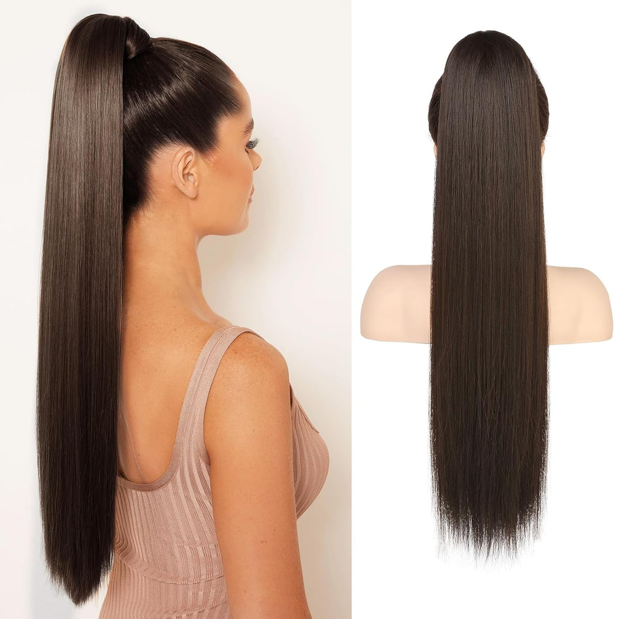 Flufymooz Ponytail Extension 22 Inch Long Straight Dark Chocolate Brown