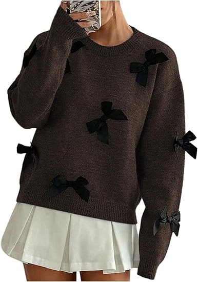 GORGLITTER Bow Sweater Crew Neck Long Sleeve Drop Shoulder Knit Sweater Pullover Top - Women's L