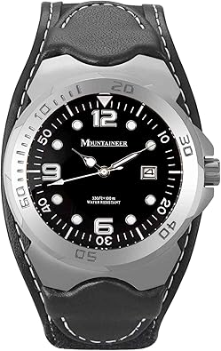 Mountaineer Mens Sport Watch Black Leather Nylon Strap White Stitching (OPEN BOX)