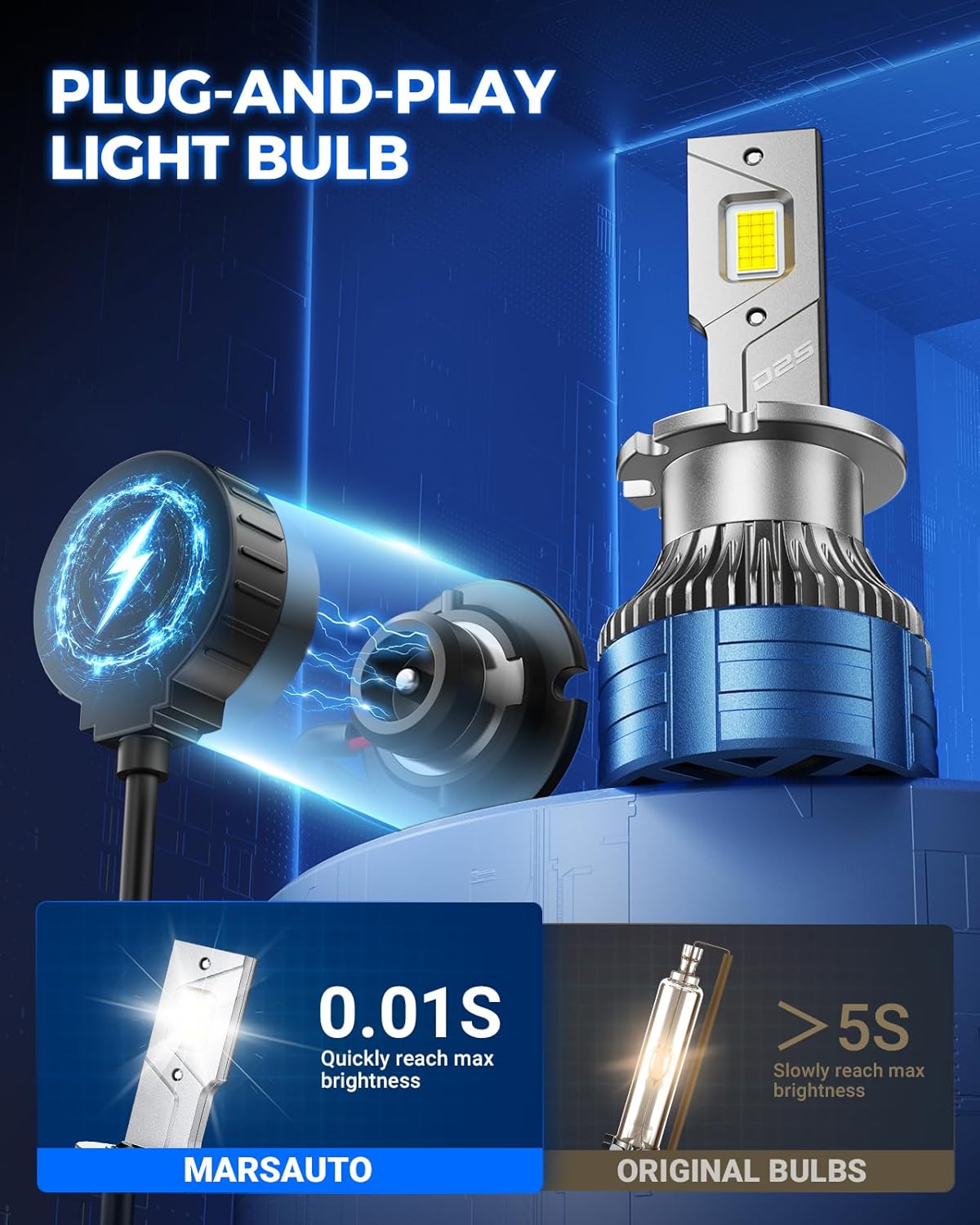 Marsauto D2S Bulbs, 6000K White 10X Brighter for HID Assembly D2S Xenon HID Bulb Replace 85122 66240 66040, Plug and Play Pack of 2
