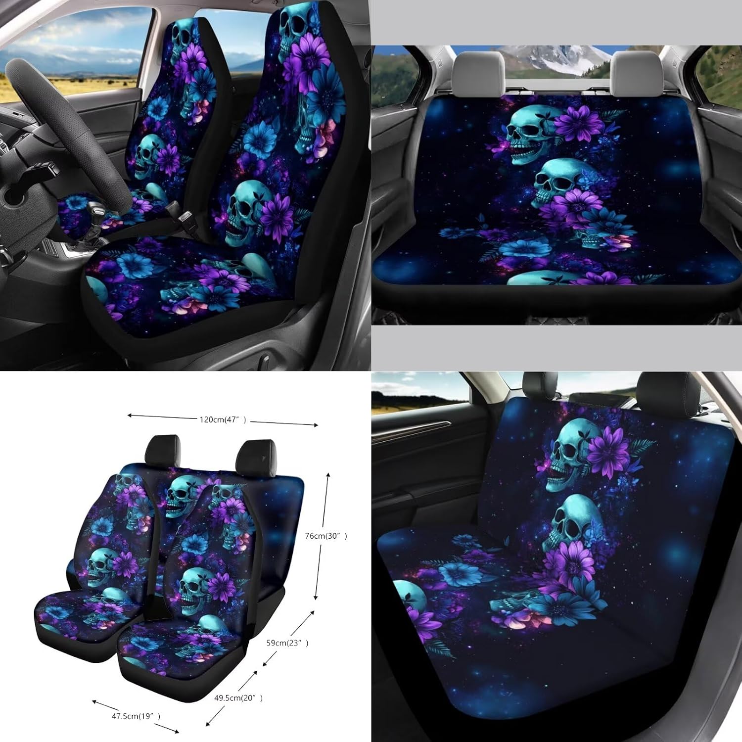 Baxinh Skull Floral Print 15pc Car Accessories-Blue/Skull Floral