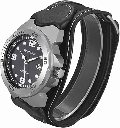 Mountaineer Mens Sport Watch Black Leather Nylon Strap White Stitching (OPEN BOX)