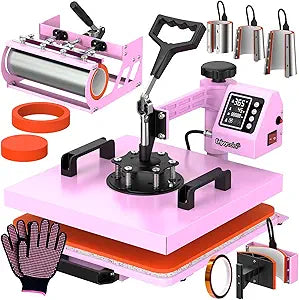 VEVOR Pro 15x15 Heat Press with 30 OZ Tumbler Attachment, 8in1 Combo Tumbler Hat Heat Press for T-Shirts, Tumblers Glass Cans Mugs Hats Caps, and Plates (Black & Pink)(New Open Box)