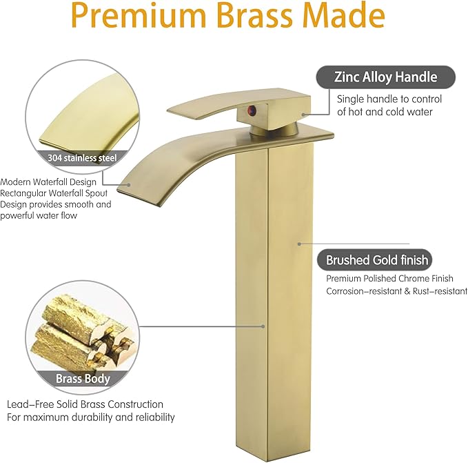 Tall Bathroom Vessel Faucet Champagne Bronze, Waterfall Tall Gold Bathroom Faucet