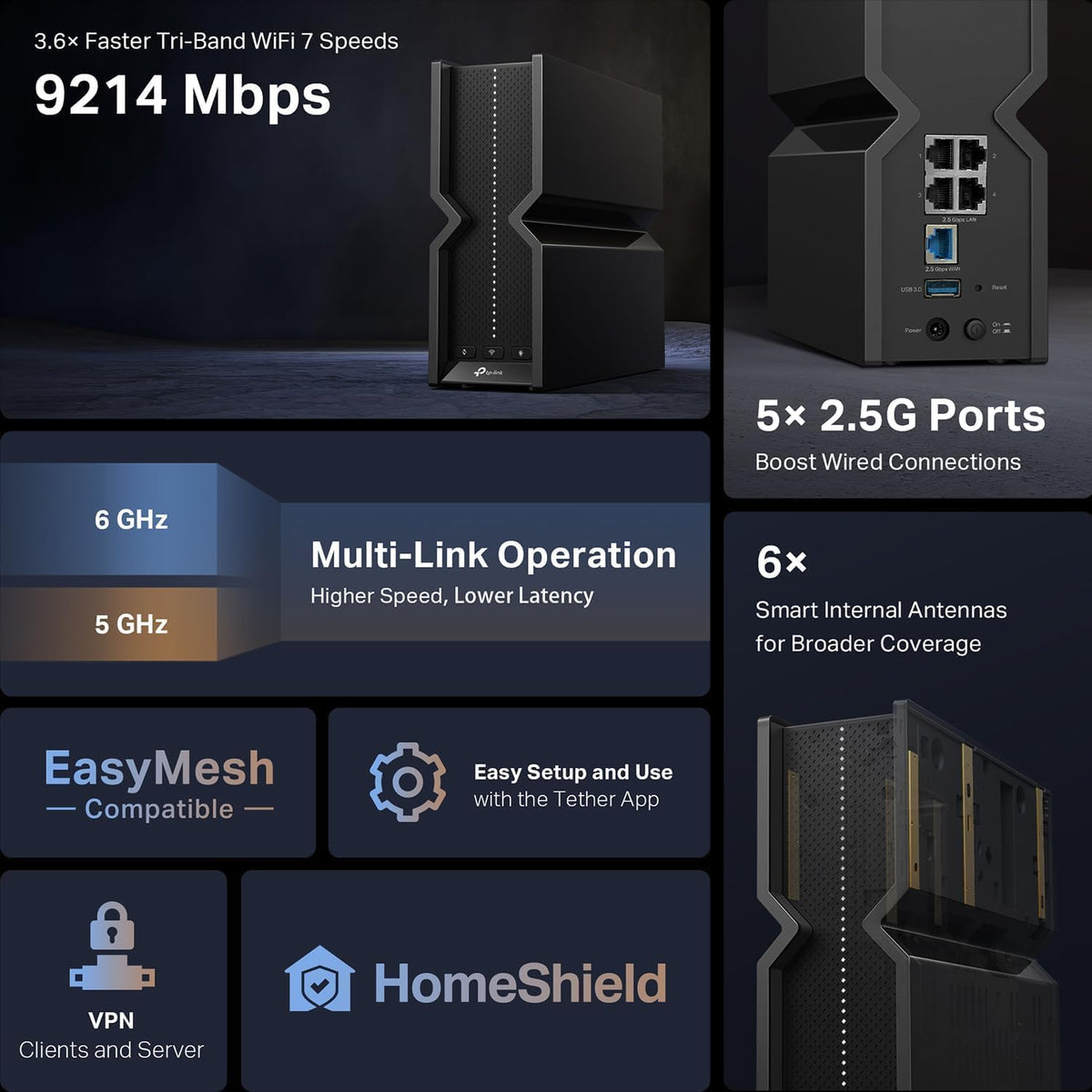 TP-Link Tri-Band BE9300 WiFi 7 Router (Archer BE550) - 6-Stream, Full 2.5G Ports w/ 6 Internal Antennas, Up to 2,000 Sq Ft, Add Easy-Mesh Device for Extended Coverage, VPN Support (Renewed)