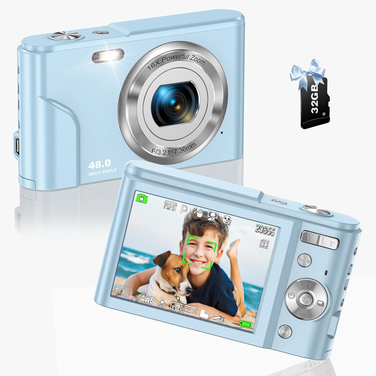 Digital Camera, 1080P 48MP Autofocus Kids Video Digital Camera with 32GB Memory Card 16X Digital Zoom, Compact Point and Shoot Vlogging Mini Camera for Teens Children Boys Girls Students (New Open Box)