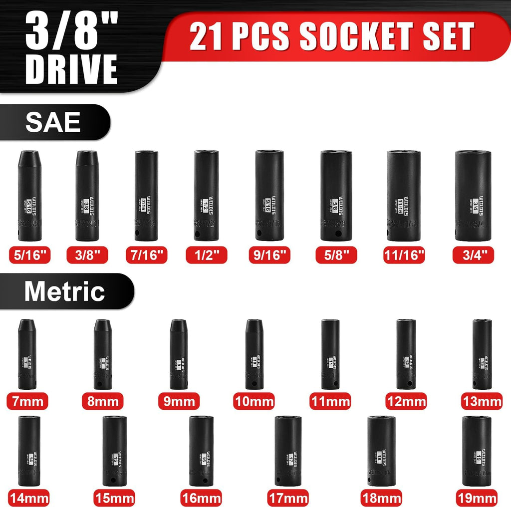 WIILDIS 21 Pieces 3/8" Drive Deep Impact Socket Set
