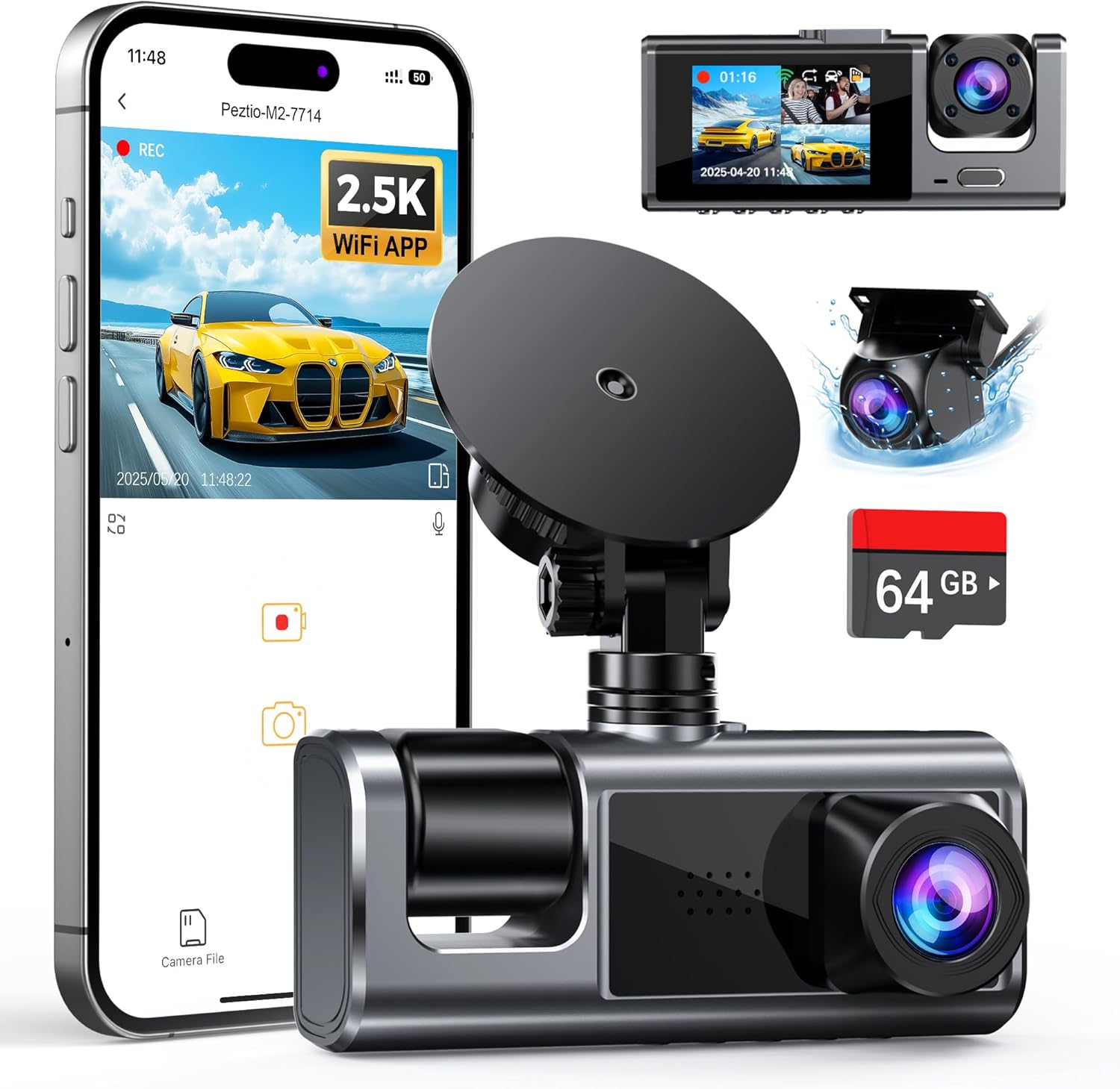 Galphi - 3 Channel WiFi Dash Cam Front and Rear Inside with 64GB SD Card, 2.5K+1080P+1080P Car Dash Camera for Cars Front and Rear, Dashcam with G-Sensor, Loop Recording, 24H Parking Mode, Support 512GB
