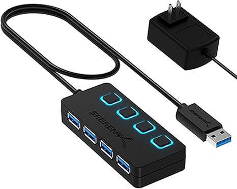 SABRENT 4 Port USB 3.0 Hub with Individual LED Lit Power Switches, Includes 5V/2.5A Power Adapter with 3ft USBC Cable