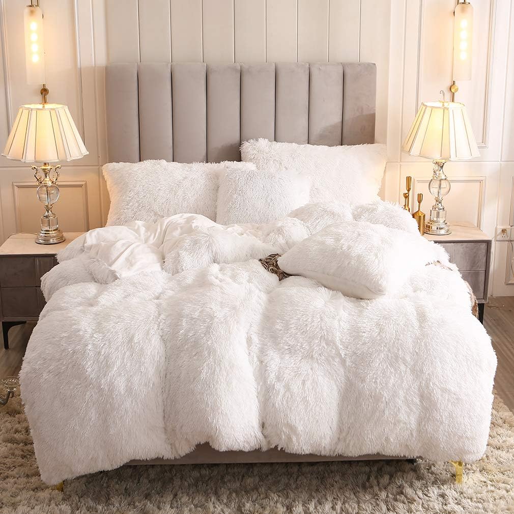 Uhamho Faux Fur Velvet Fluffy Bedding Duvet Cover Set Down Comforter Quilt Cover with Pillow Shams, Ultra Soft Warm (White, Queen)