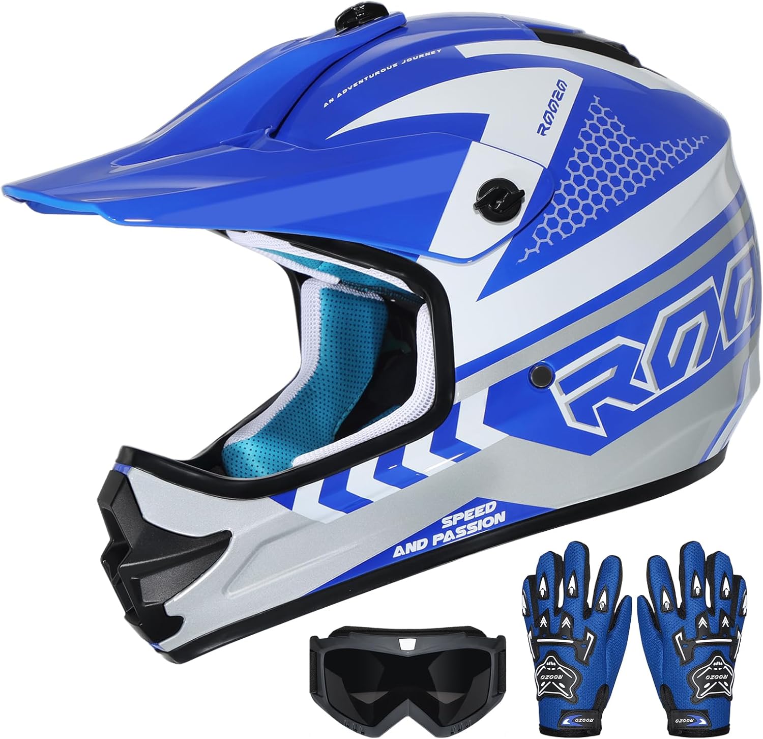Youth Dirt Bike Helmet DOT Certified - Full Face Motorcycle Helmet for Off-Road, ATV, Street Riding, Includes Adjustable Goggles & Protective Gloves Blue Size: S