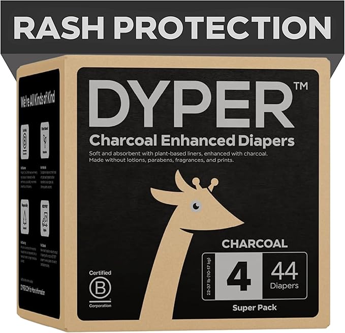 DYPER - Charcoal Enhanced Day & Overnight Disposable Baby Diapers - Made with Plant-Based* & Honest Ingredients, Hypoallergenic for Sensitive Skin - Size 4, (44 Count)