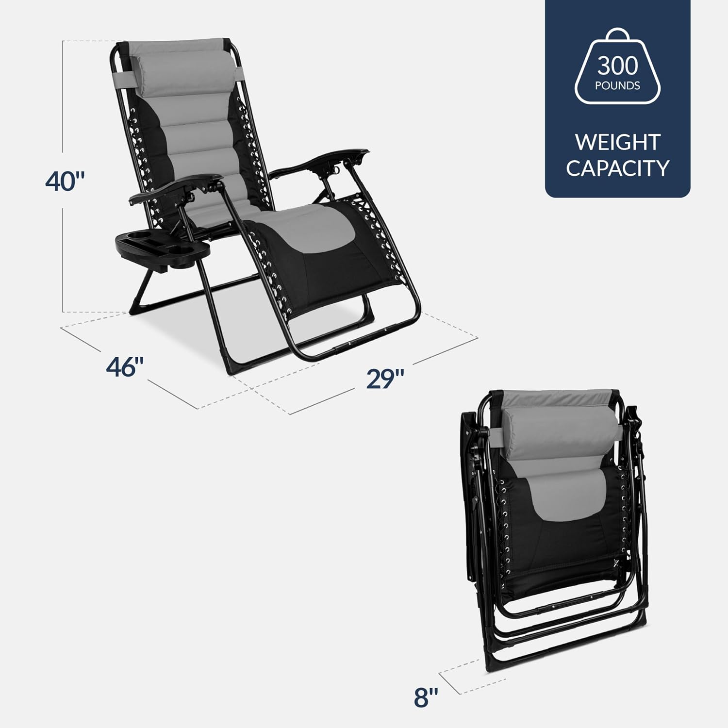 Best Choice Products - Oversized Padded Zero Gravity Chair, Folding Recliner w/ Headrest, Side Tray - Gray/Black