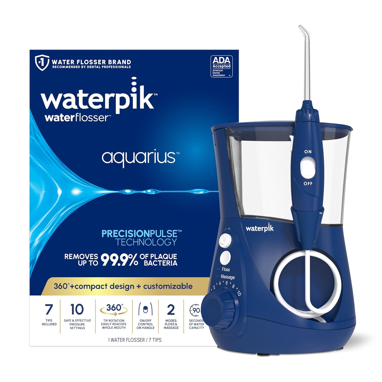 Waterpik Aquarius Water Flosser Professional For Teeth, Gums, Braces, Dental Care, Electric Power With 10 Settings, 7 Tips For Multiple Users And Needs, ADA Accepted, Blue WP-663 (NEW, OPEN BOX)