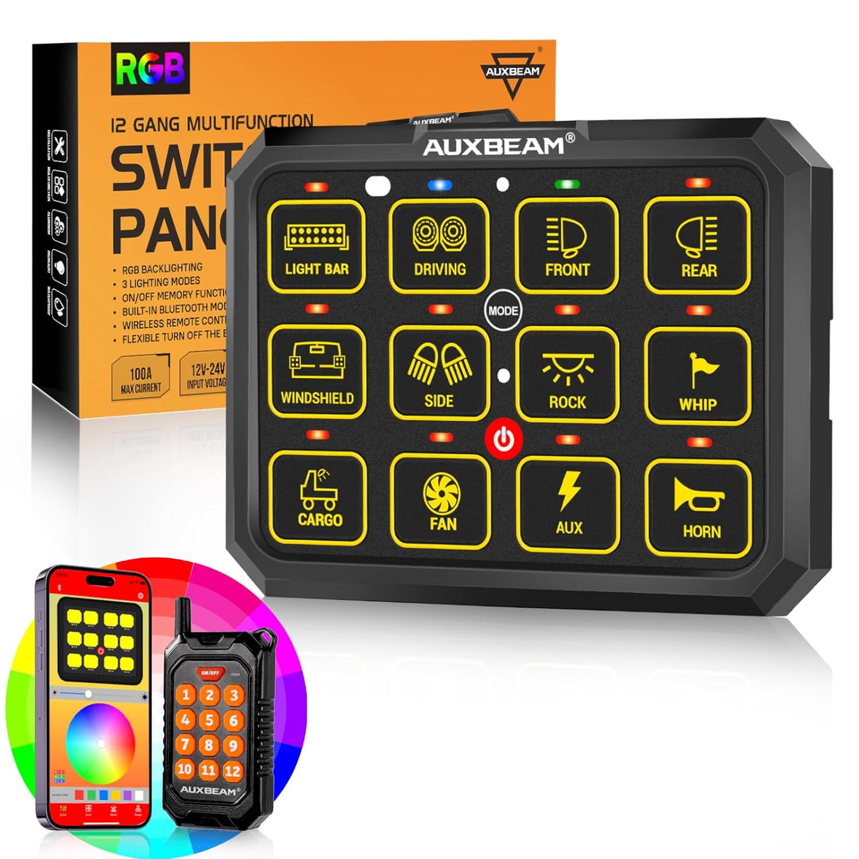 Auxbeam AC-800 RGB Switch Panel with APP & Remote Control, Toggle/ Momentary/ Pulsed Mode Supported (One-Sided Outlet)   NEW