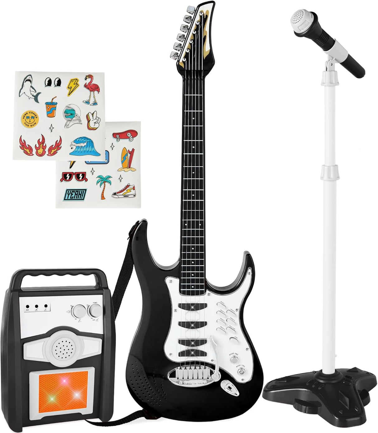 Best Choice Products Toy Kids Guitar Play Set Bundle, Pretend Play Toddler Electric Guitar Kit with Interactive Microphone, Amp, Whammy Bar, 6 Demo Songs and 2 Sticker Sheets - Black