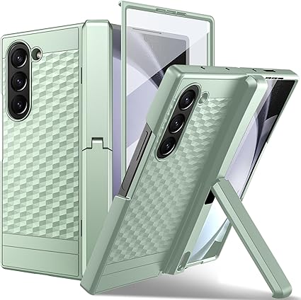 Oterkin Hinged Case for Samsung Galaxy Z Fold 6 Case with Kickstand, 3D Geometric Hinge Case for Samsung Z Fold 6 Case with Screen Protector Z Fold6 Phone Case for Galaxy Z Fold 6 5g Case Mint Green (New, Open)