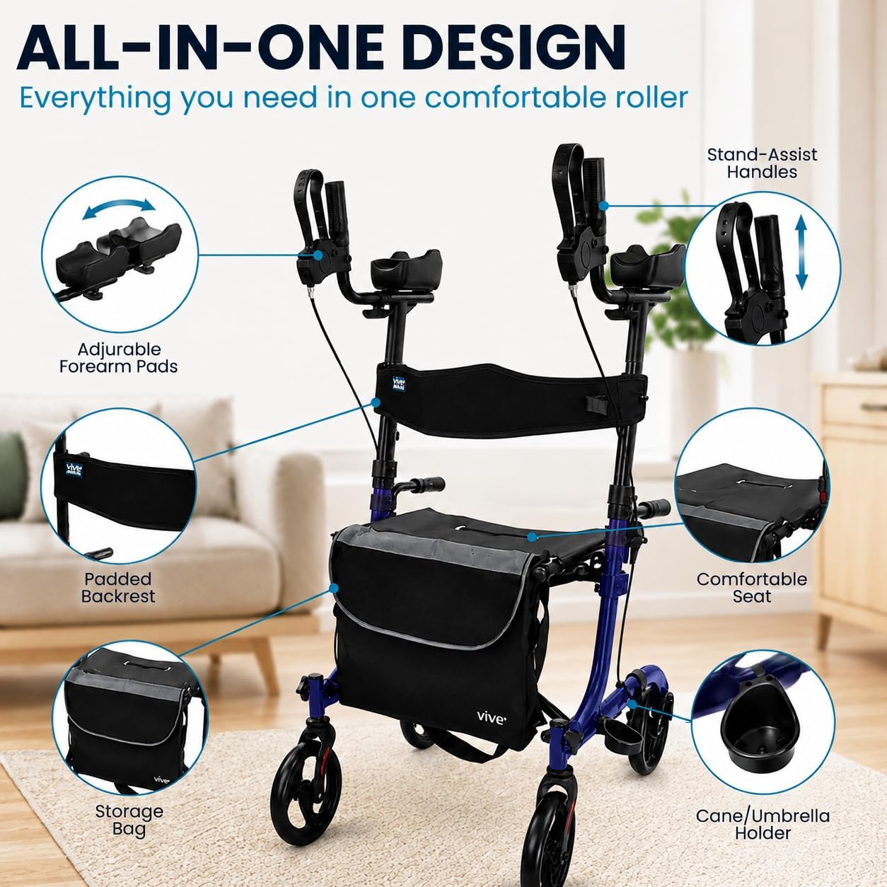 Vive Mobility Upright Walker with Seat - Stand Up Rollator - Blue