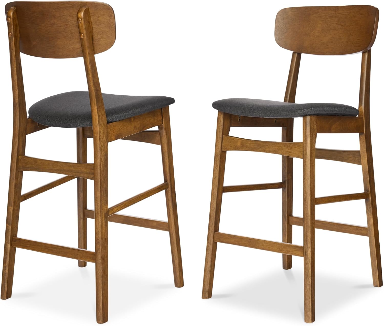 BCP Bar Stool Set of 2, Modern Farmhouse Counter Height Stools w/Armless Upholstered Cushioned Seat, Wooden Curved Backrest - Walnut/Charcoal