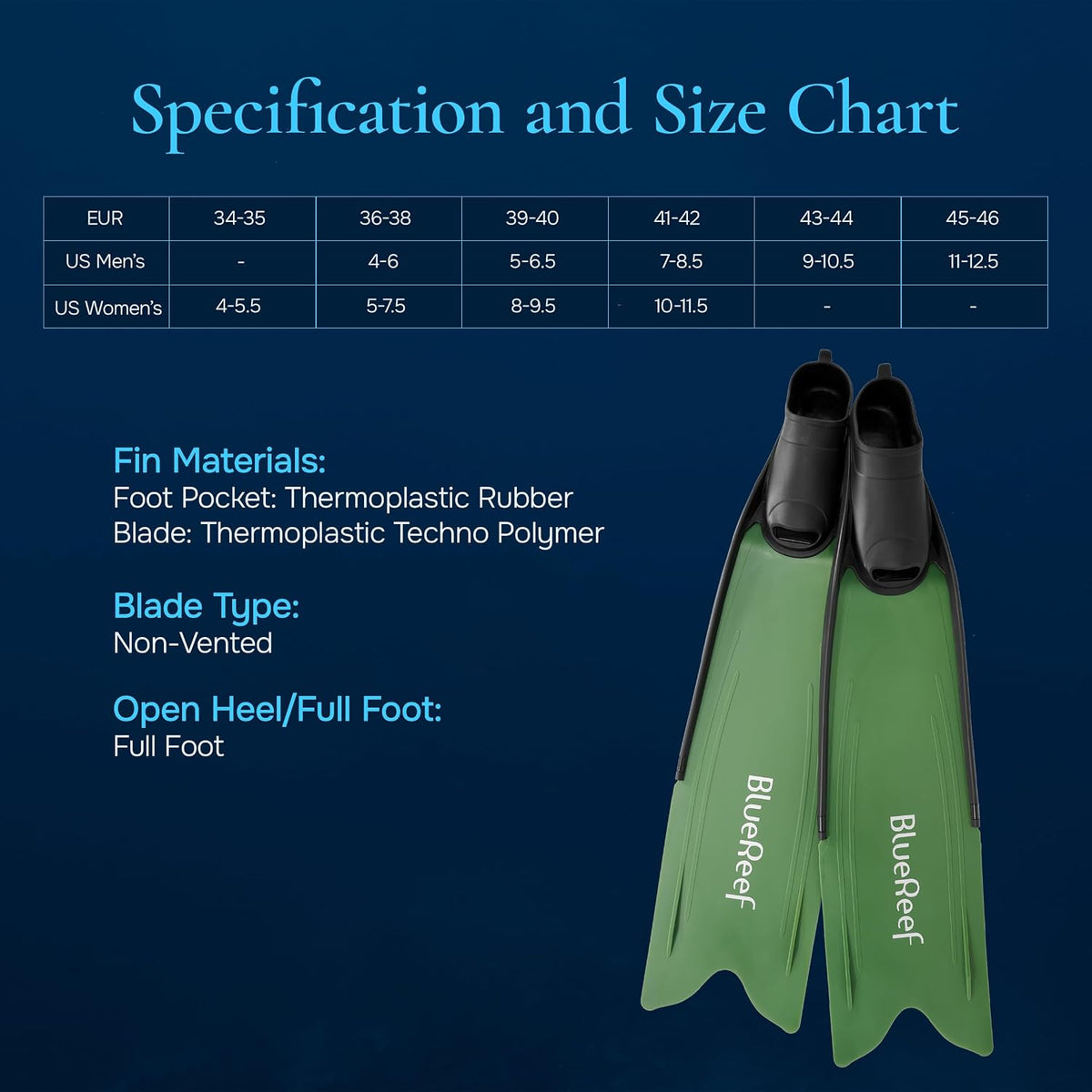 Blue Reef Freediving Fins Army Green 36/38